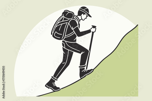 Hiker with Backpack and Poles Ascending a Hill.
