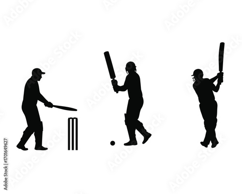 Three silhouettes of cricket players in action demonstrating batting stances and a wicket on a white background