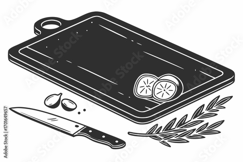 Kitchen Cutting Board with Knife and Ingredients.