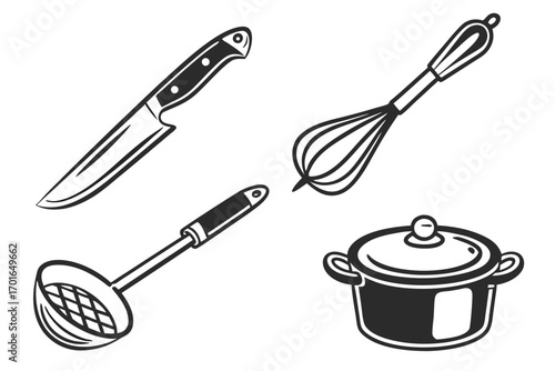 Kitchen Utensils Collection Knife Whisk Ladle Pot.