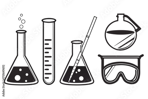 Laboratory Glassware and Safety Goggles Icon Set.