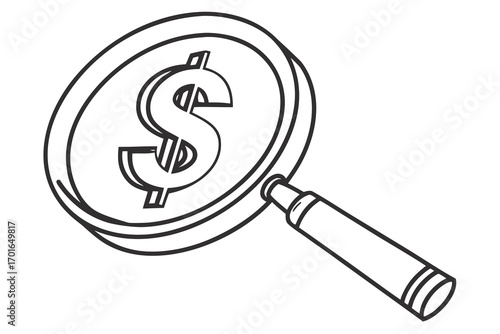 Magnifying Glass Over Dollar Coin Symbol.