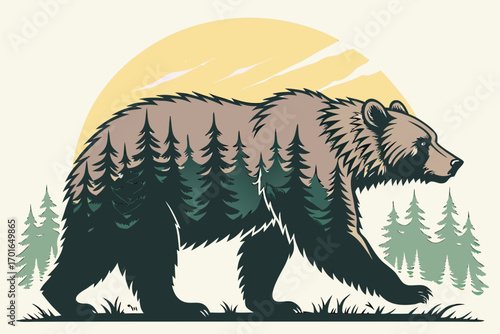 Majestic Bear Silhouette with Forest Overlay.