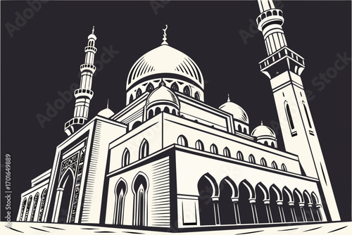 Majestic Mosque Architecture with Domes and Minarets.