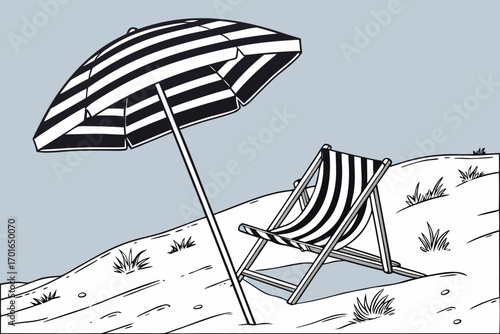 Minimalist Beach Scene with Deck Chair and Umbrella.