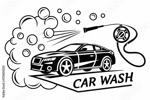 Modern Car Wash Service with Bubbles and Spray.