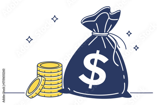 Money Bag and Stack of Coins Illustration.
