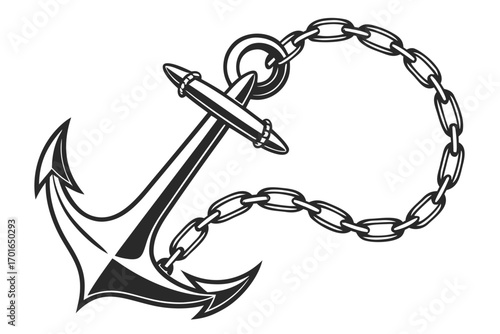 Nautical Anchor With Heavy Chain Illustration.