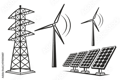 Renewable Energy Sources Illustration Wind Turbines Solar Panels Power Tower.