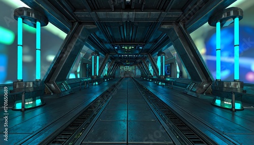 Futuristic corridor with vibrant teal accents