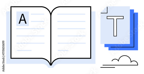 Open book with visible text, stacked document pages, and a cloud symbol. Ideal for education, content management, learning, reading, publishing, knowledge sharing simple landing page