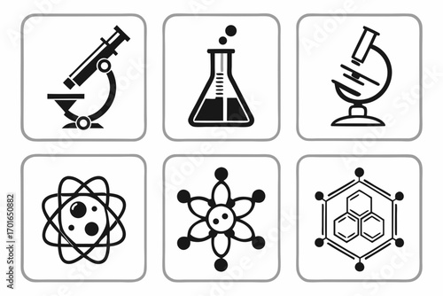 Science Icons Set Microscope Flask Atom Molecule.
