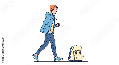 Young person in casual clothing with backpack, walking with purpose outdoors