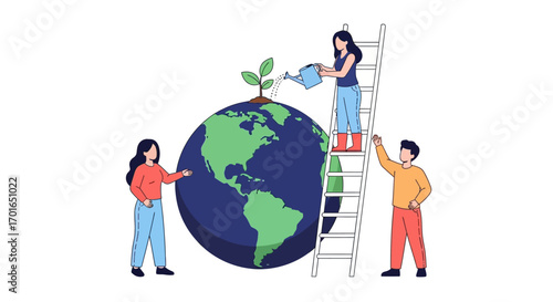 Diverse team nurturing a growing plant on a vibrant Earth, symbolizing global environmental care and teamwork.