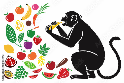 Silhouette Monkey Eating Banana Surrounded by Colorful Fruits.