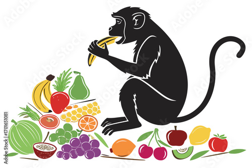 Silhouette Monkey Eating Banana Surrounded by Fresh Fruits.