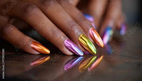 Vibrant multicolored nail art close-up