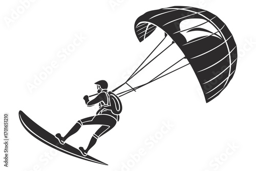 Silhouette of a person kitesurfing on a board.