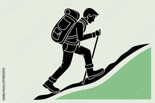 Silhouette of Hiker Ascending a Mountain Slope.