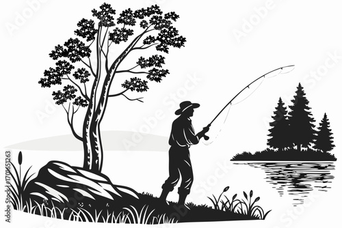 Silhouette of Man Fly Fishing by a Tree and Lake.