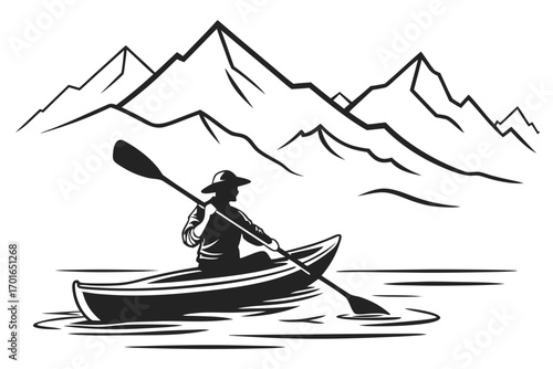 Silhouette of person kayaking with mountains in background.