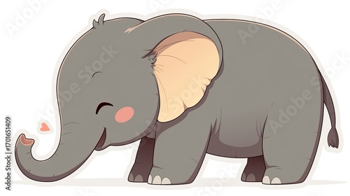 Cartoon of a baby elephant with a cheerful expression, standing and slightly bending its trunk.