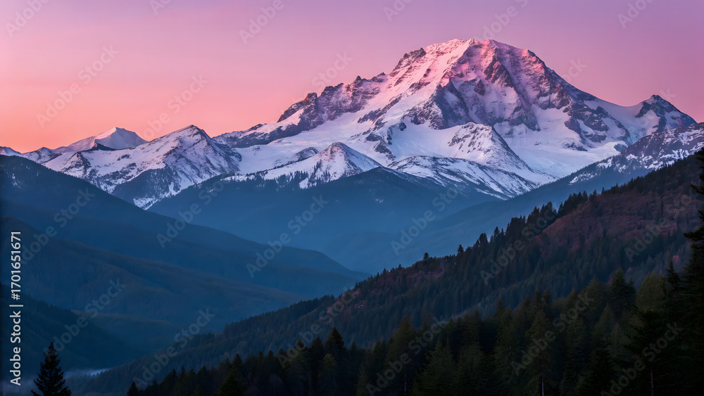 Fototapeta premium Majestic snow-capped mountain range bathed in soft twilight hues beautiful scenery