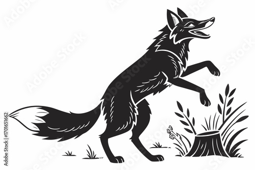 Stylized Black Fox Leaping Near Tree Stump.