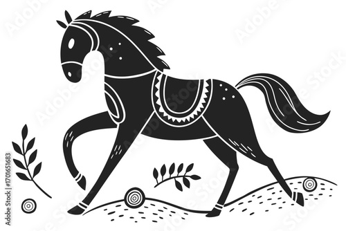 Stylized Black Horse Silhouette with Folk Art Elements.