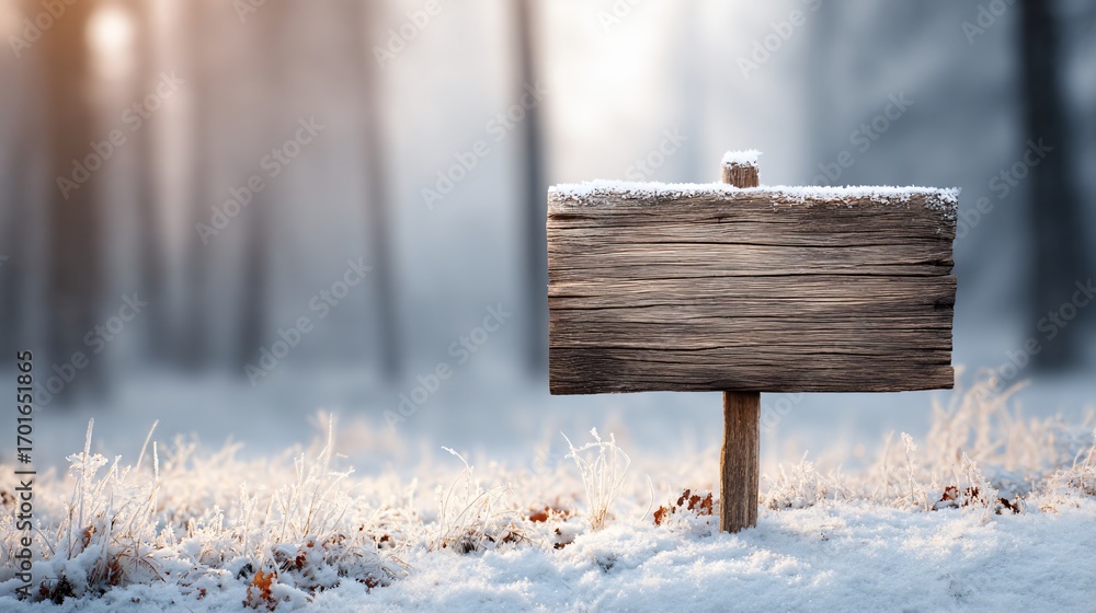 Fototapeta premium Blank rustic wooden sign in snowy winter forest with frosty grass