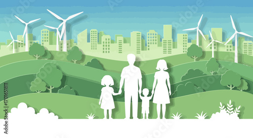 Generational family stands together in a vibrant, eco-friendly landscape with windmills and city skyline