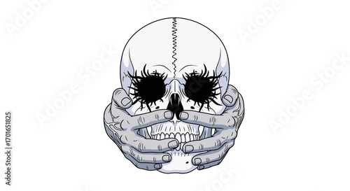 Eerie skull with hands covering mouth and eyes, symbolizing silence and mystery