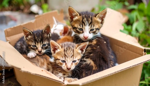 A Group of Adorable Newborn Kittens in a Cardboard Box.
