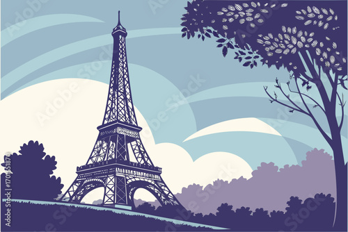 Stylized Eiffel Tower Paris Landmark Illustration.