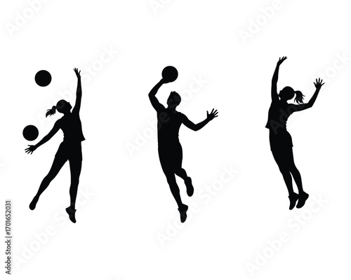 Silhouettes of athletic women playing volleyball with dynamic poses and energetic movements against a white background