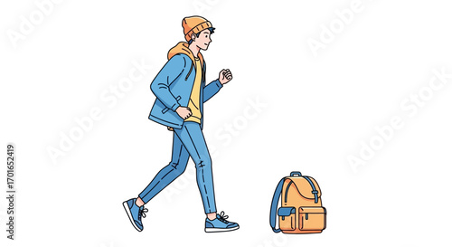 Young person in casual winter clothing jogging outdoors with backpack
