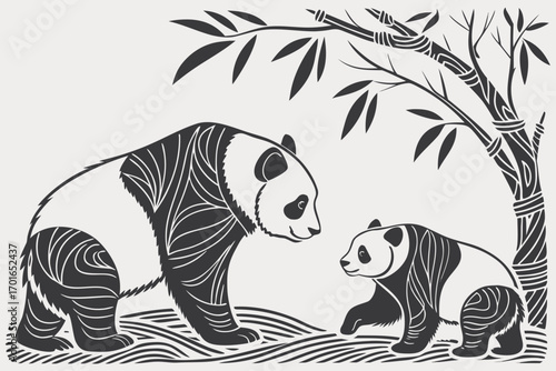 Two Pandas and Bamboo Tree Illustration.