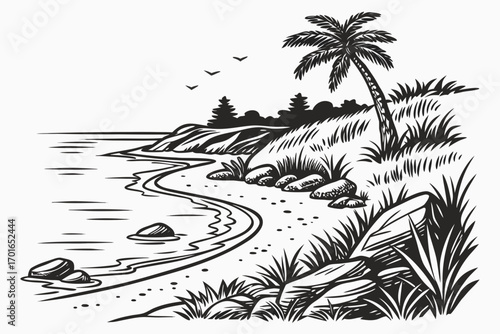 Tropical Beach Landscape with Palm Tree and Ocean.