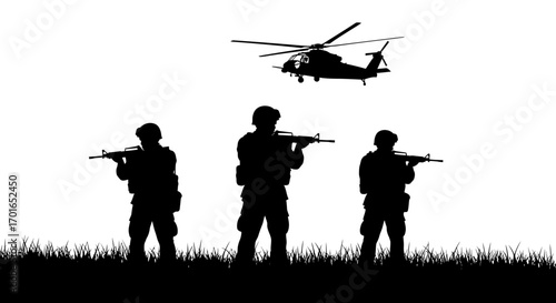 Elite soldiers in silhouette stand guard with helicopter overhead during a tactical operation.