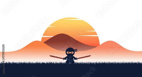 Brave cartoon ninja warrior stands ready with swords at sunset