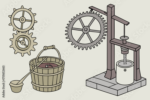 Vintage Industrial Machine and Tools Illustration.