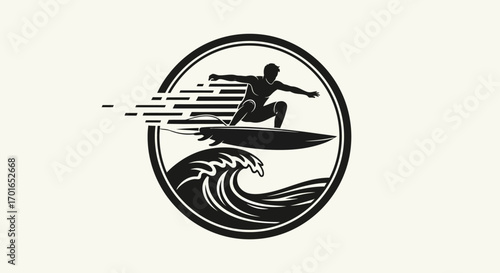 Dynamic surfer riding a wave with speed lines, captured in a circular emblem.