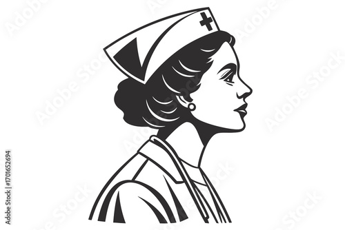 Vintage Nurse Profile Silhouette with Cap.