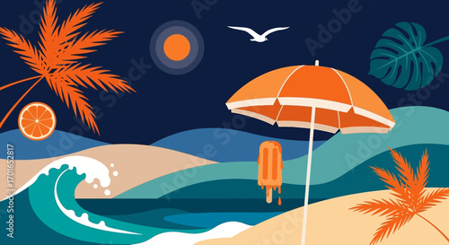Vibrant summer beach scene with crashing waves, palm trees, and refreshing treats under a warm sun.