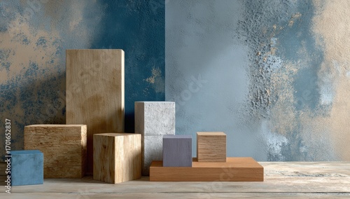 Wooden and stone podiums against a textured wall