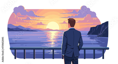 Man in suit gazing at a breathtaking ocean sunset from a balcony, symbolizing hope and new beginnings.