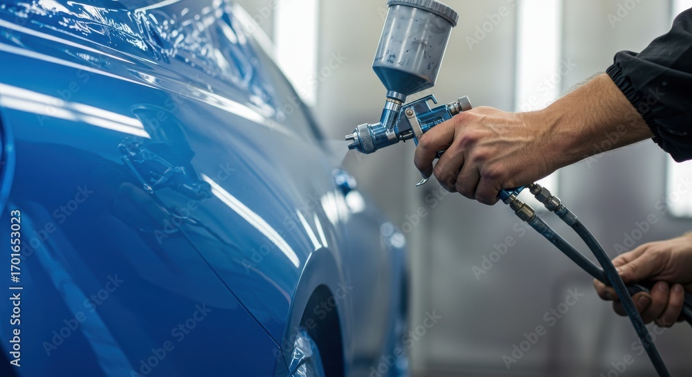 Automotive refinishing skilled worker sprays blue paint on car body with spray gun