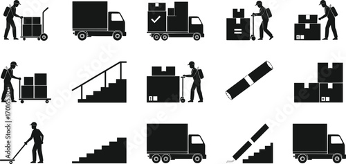 Silhouette vector illustration of warehouse workers loading boxes, moving packages with trolleys, carrying cargo upstairs, and transporting goods by trucks.