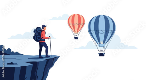 Adventurous hiker with backpack stands on cliff edge gazing at hot air balloons in the sky