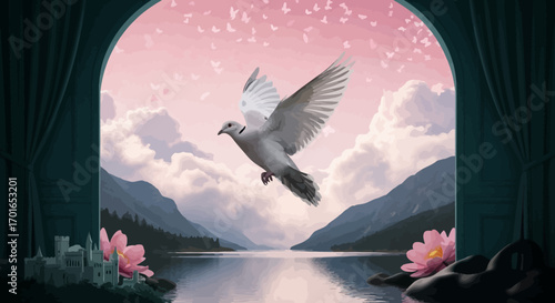 A symbol of peace, a dove flies gracefully over a serene lake with majestic mountains and soft pink clouds.